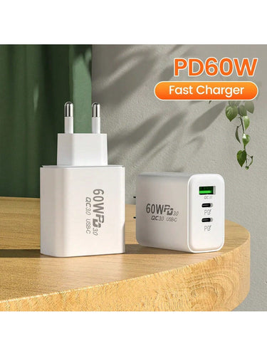 60W USB C Charger Dual-Port Travel Wall Charger With 2 Type-C Port & 1 USB-A Port Ultra-Fast Charging